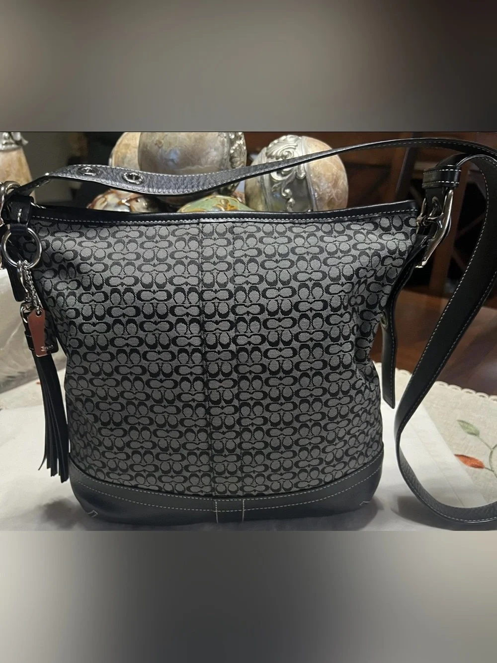 Coach Black and Gray Monogram Crossbody with Tassel
